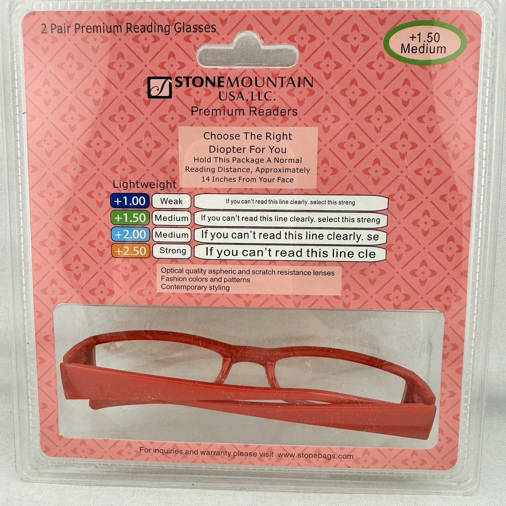 2 Rhinestone Rectangular‎ Reading Glasses +1.50 Med. Red & Black Frames Vintage
